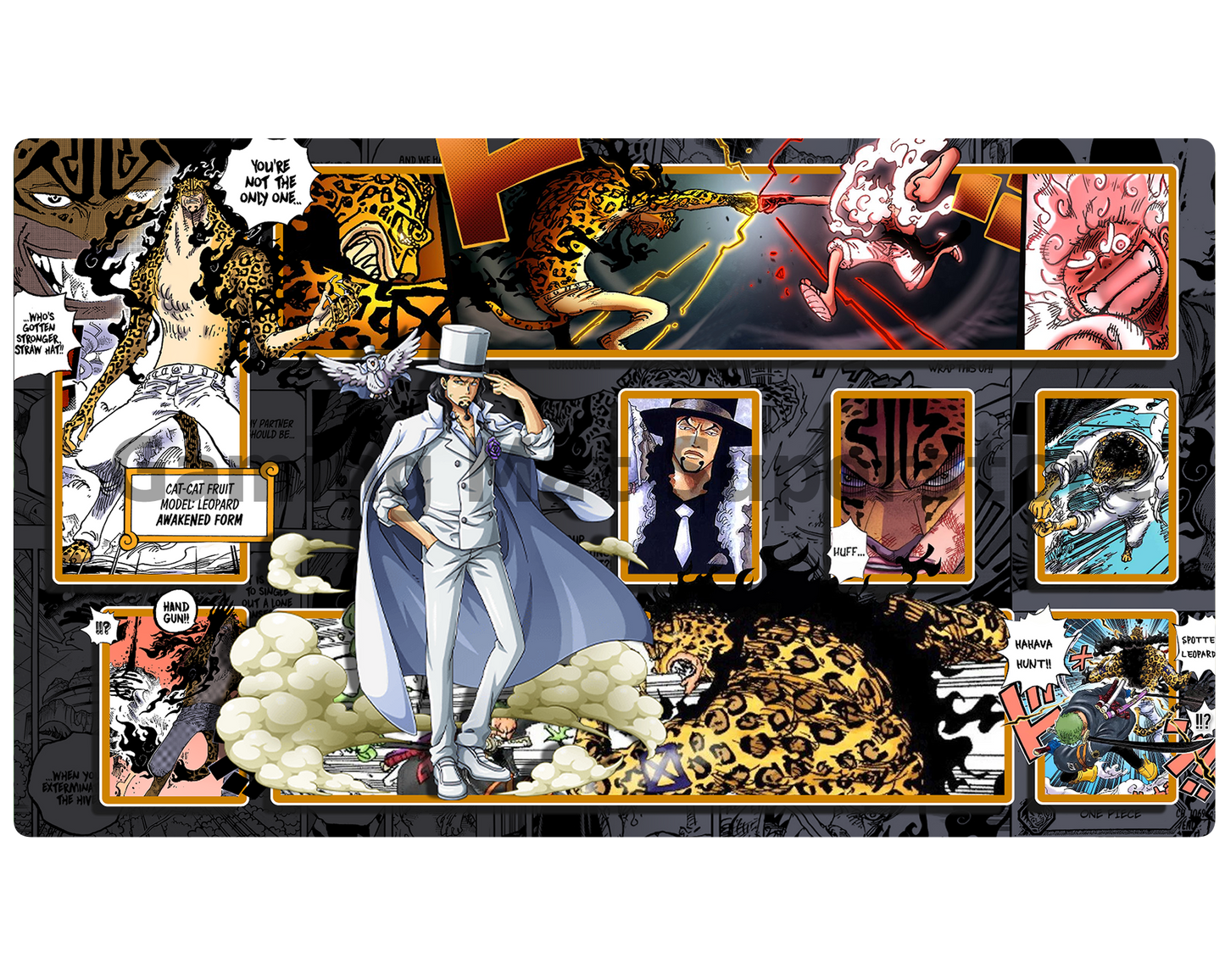 OP Playmat Rob Lucci Black Mat Zones Stitched Edges Anime Design