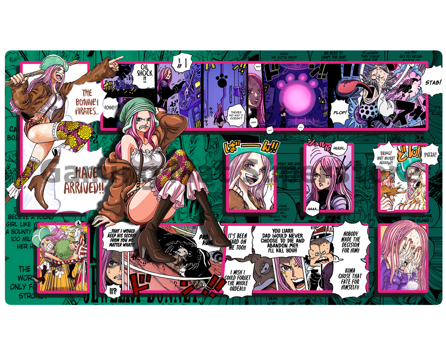 OP07 | OP Playmat Jewelry Bonney Green Mat Zones Stitched Edges Anime Design