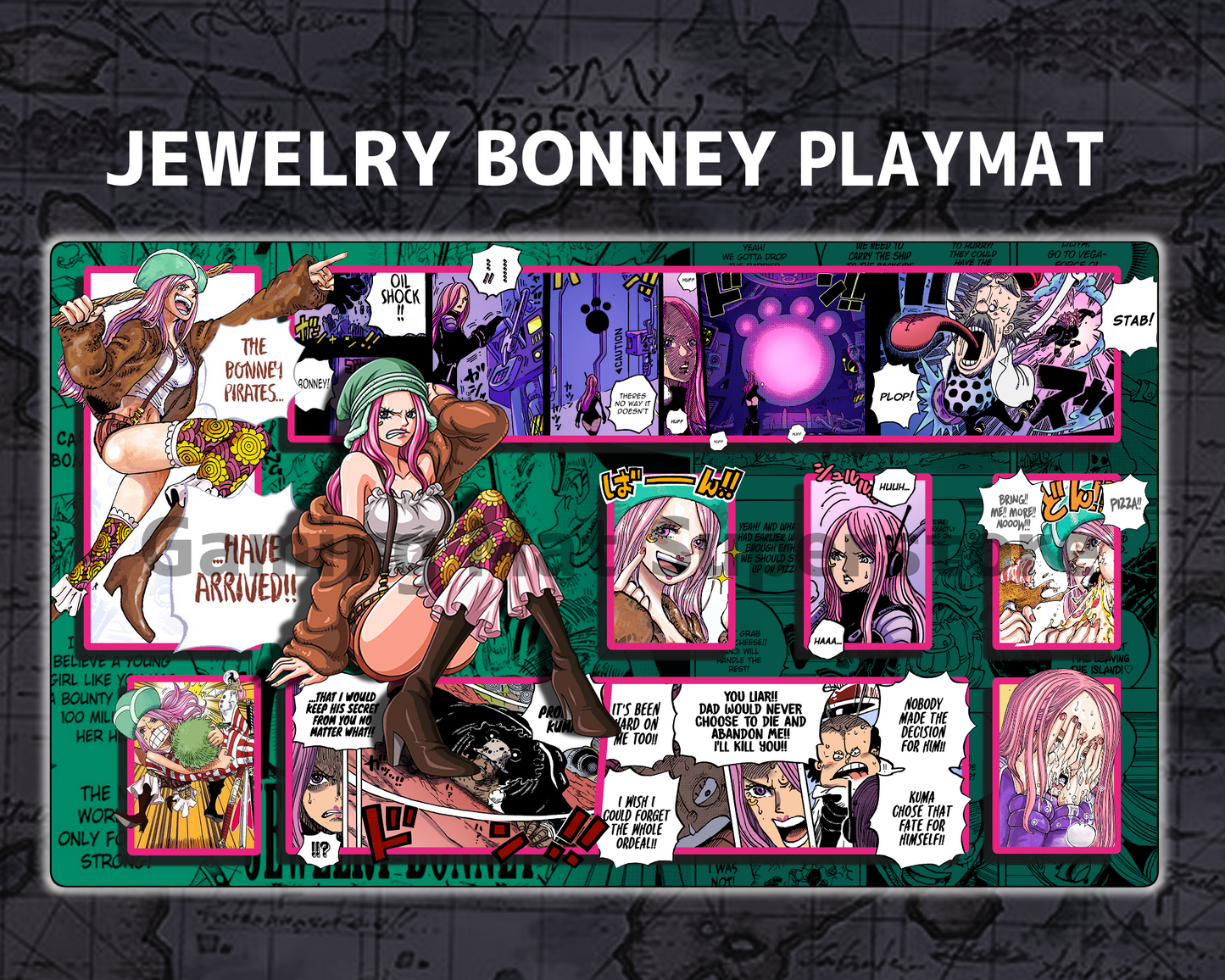 OP07 | OP Playmat Jewelry Bonney Green Mat Zones Stitched Edges Anime Design