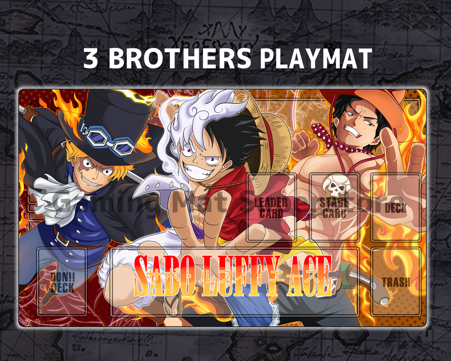 OP Playmat Sabo Luffy Ace Red/Yellow Mat Zones Stitched Edges Anime Design