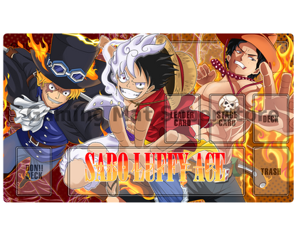 OP Playmat Sabo Luffy Ace Red/Yellow Mat Zones Stitched Edges Anime Design