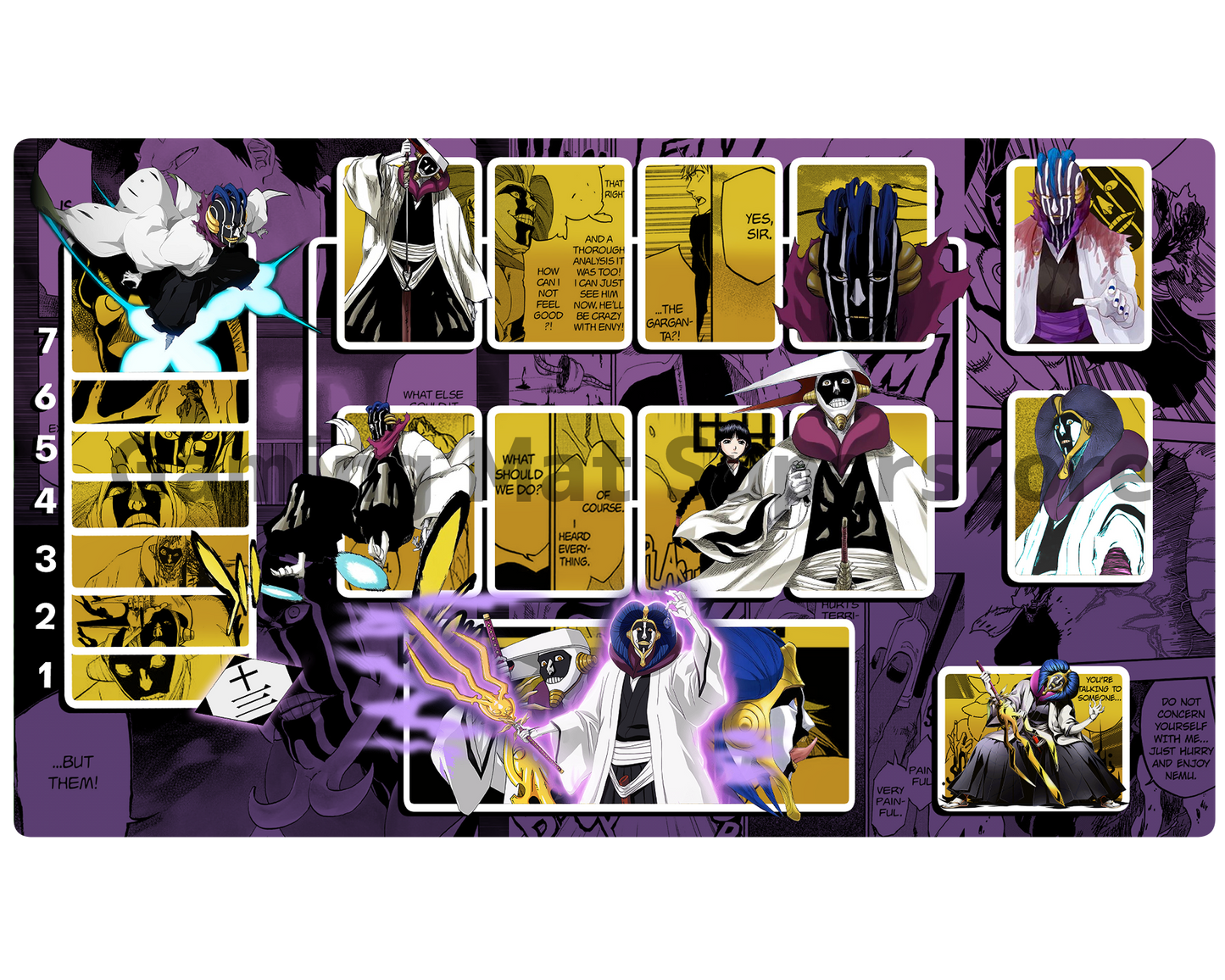 Union Arena Playmat Bleach Mayuri Kurotsuchi Purple Mat Zones Stitched Edges Anime Design