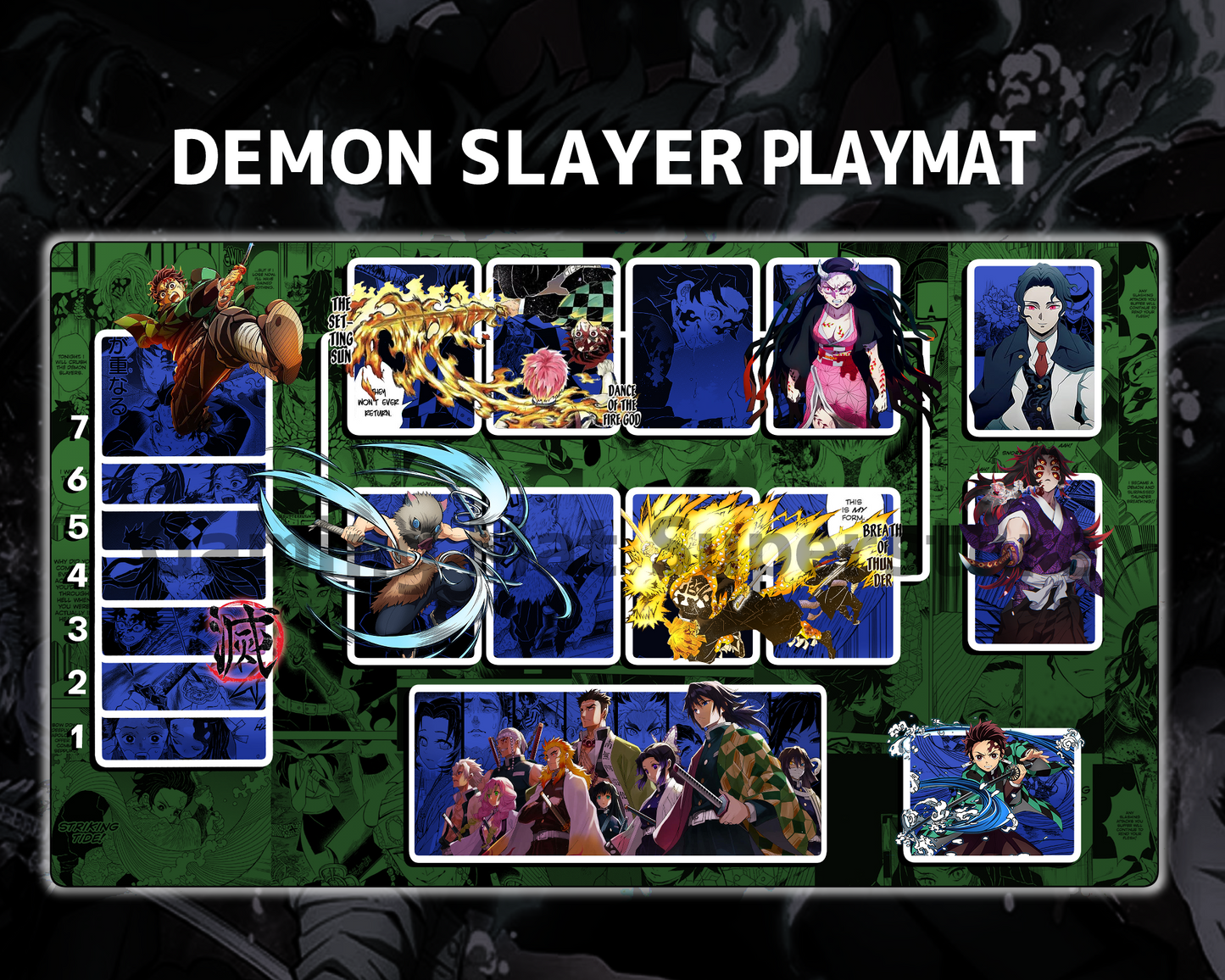 Union Arena Playmat Demon Slayer Green Mat Zones Stitched Edges Anime Design